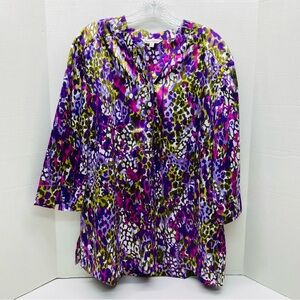 Travel Smith Womens XL Top Tunic 3/4 Sleeves V Neck Purple Green White Relax Fit